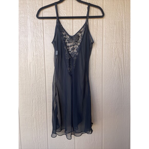 VINTAGE by FREDERICK’S of HOLLYWOOD BLACK Chiffon LACE Négligée NIGHTGOWN M￼ - Picture 10 of 12